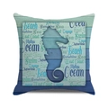 Detail of square cushion cover with seahorse print and beach text on wood texture - 18x18 Inch / Style 7-Light Blue Seahorse