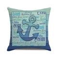 Close-up of nautical square cushion cover with blue anchor print and beach themed text - 18x18 Inch / Style 8-Anchor Text
