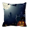 Detail van Halloween kussensloop met zwarte kat, vleermuis en pompoen op perzikhuid - Donker Sprookjeskasteel Pompoen Stijl (1)