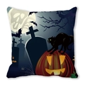 Detail van Halloween kussensloop met zwarte kat, pompoen en vleermuis op een blauwe basis - Pompoen Zwarte Kat Kruis Illustratie Stijl (2)