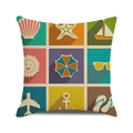 Watercolor nautical square cushion cover with colorful beach icons and linen texture - Nine Grid Summer Beach Minimalist Style (15)