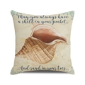 Detail of linen cushion cover showing watercolor conch design and coastal text - 18x18 Inch / Watercolor Conch & Long Quote Print Style (19)