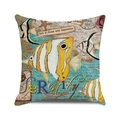 Macro detail of nautical square cushion cover showing linen texture and tropical fish print - Tropical Fish and Starfish Style (1)