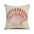 Close-up of watercolor seashell print on square linen throw pillow with coastal patterns - 18x18 Inch / Pink Watercolor Seashell Vintage Splash Style (20)