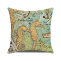 Close-up of seahorse and starfish vintage art print on linen cushion cover fabric - Double Seahorse Artistic Style (2)