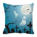 Halloween kussensloop met spoken en vleermuizen op een blauwe gradiënt achtergrond - Grappige Geest Volle Maan Silhouet Stijl (4)