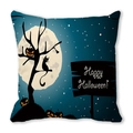 Detail of Halloween pillowcase with black cat, pumpkins, and Happy Halloween text on blue - Dark Blue Night Sky Pumpkin Cat Style (5)