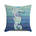 Detail of square pillowcase with seahorse silhouette and coastal typography on wood print - 18x18 Inch / Style 13-Gradient Seahorse