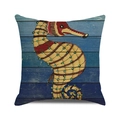 Detailed close-up of seahorse print on a textured linen cushion cover with wood grain effect - Colorful Seahorse Wood Grain Style (4)