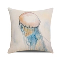 Detailed view of square cotton linen pillowcase with watercolor jellyfish print on beige - 18x18 Inch / Blue Orange Jellyfish Style (20)