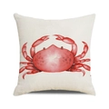 Close-up of a square linen cushion cover featuring a vibrant red watercolor crab print - Red Crab Style