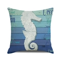 Close-up of nautical seahorse cushion cover with blue wooden texture print - 18x18 Inch / Style 16-White Seahorse Text