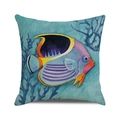 Detail of square cushion cover with hand-painted tropical fish and blue coral texture - Hand-painted Angelfish Style