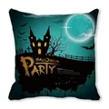 Detail of Halloween pillow case with haunted house and bat print on peach skin fabric - Cyan Black Dark Horror House Full Moon Style (14)