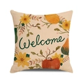 Detalle de estampado de calabaza y girasol de otoño en funda de cojín de lino - Welcome Girasol Calabaza