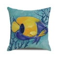 Linen decorative pillow cover featuring colorful tropical fish and blue coral on white background - Colorful Angelfish Style
