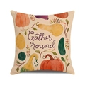 Detalle de funda de cojín otoñal con calabazas y texto artístico Gather round - Gather Round Calabazas Coloridas