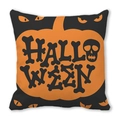 Halloween throw pillow case with orange pumpkin design and skull text on black fabric - Orange Pumpkin Halloween Style (ZT360-15)