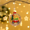 Round wooden Christmas ornament with red car design hanging on tree branch - Car with Christmas Tree Style