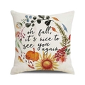 Detail of square linen pillow cover featuring watercolor pumpkin and floral autumn wreath - 18x18 Inch / Oh Fall Circular Pattern / 17