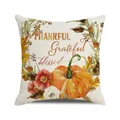 Detail of linen cushion cover showing watercolor orange pumpkin and autumn leaves - 18x18 Inch / Thankful Grateful Orange Pumpkin / 19