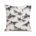 Watercolor shark pattern cushion cover in beige cotton linen with blue sea life prints - Watercolor Shark Repeat Pattern (23)