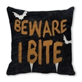 Halloween pillow cover with Beware I Bite text and bat designs on black peach skin fabric - Beware I Bite Style (ZT360-11)