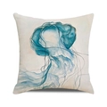 Square linen cushion cover featuring artistic blue watercolor jellyfish print on beige base - 18x18 Inch / Blue Jellyfish Art Style (21)