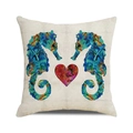 Housse de coussin aquarelle hippocampe et cœur en tissu mélangé de lin texturé - 45x45cm / Style Hippocampe Coloré Symétrique (22)