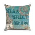 Vintage nautical throw pillow cover with Relax text and sea life icons in teal blue - Vintage Nautical Map Style