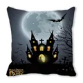 Halloween decorative pillowcase featuring castle, moon and bats in dark blue and yellow - Cold Tone Moonlit Night Castle Bat Style (23)