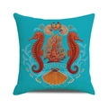 Housse de coussin carrée bleu sarcelle avec motif symétrique d'hippocampes et corail - 45x45cm / Style Illustration Vie Marine Bleu Lac (23)