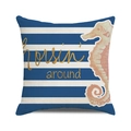 Blue and white striped square cushion cover with seahorse print and Horsin' around text - Blue White Striped Seahorse Style