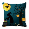 Halloween throw pillow cover featuring witch, full moon and pumpkin on dark blue fabric - Witch Full Moon Jack-o-lantern Style (24)