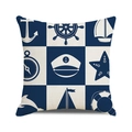 Square nautical pillow cover featuring blue anchor and sailboat patterns on linen fabric - Dark Blue Beige Nine Grid Nautical Style (22)