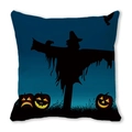 Halloween throw pillow cover featuring scarecrow and glowing pumpkins on navy background - Wizard Hat Scarecrow Jack-o-lantern Style (25)