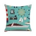 Nautical theme cushion cover with lighthouses and sailboats on a turquoise background - Cyan Blue Vintage Illustration Nautical Style (23)
