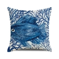 Artistic square cushion cover with blue fish and coral painting on linen fabric - Deep Blue Art Fish Style