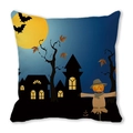 Halloween throw pillow cover featuring a yellow moon and black bats on deep blue - Pumpkin Head Scarecrow Full Moon Style (26)