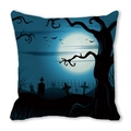 Halloween decorative pillow case featuring black bats and spooky graveyard silhouettes - Moonlit Night Cemetery Cross Silhouette Style (27)