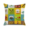 Nautical icons print cushion cover with lighthouse and anchor on cotton linen fabric - Multicolor Grid Nautical Element Icon Style (24)