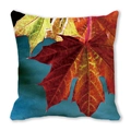 Close-up of textured autumn maple leaf print on decorative peach skin pillowcase - Dark Cyan Background Maple Style (5) / 18x18 Inch / 5