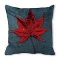 Detail showing the watercolor red maple leaf texture on a navy blue autumn pillow cover - 10