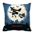 Halloween throw pillow featuring witch on broomstick, black cat, and moonlit cemetery design - Witch Black Cat Full Moon Cemetery Style (28)