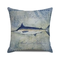 Square cushion cover with blue marlin fish and nautical map print on linen fabric - Vintage Blue Marlin Illustration (34)