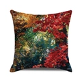 Detail of square cushion cover with autumn forest print and red maple leaves - Red Maple Forest Photography Style (3)