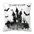 Halloween Kissenbezug mit Aquarell Schloss und Fledermäusen auf weißem Pfirsichhaut Stoff - Aquarell-Schloss-Friedhofs-Stil (28)