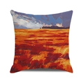 Close-up of square throw pillow with artistic oil painting landscape in autumn colors - Sunset Wheat Field Art Style (6) / 45x45cm