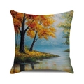 Detailed texture of autumn forest landscape oil painting on a square linen cushion cover - Autumn Riverside Landscape Style (7) / 45x45cm