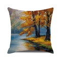 Detail of artistic autumn lakeside oil painting print on a square decorative pillow case - Golden Autumn Lakeside Scenery Style (8) / 45x45cm